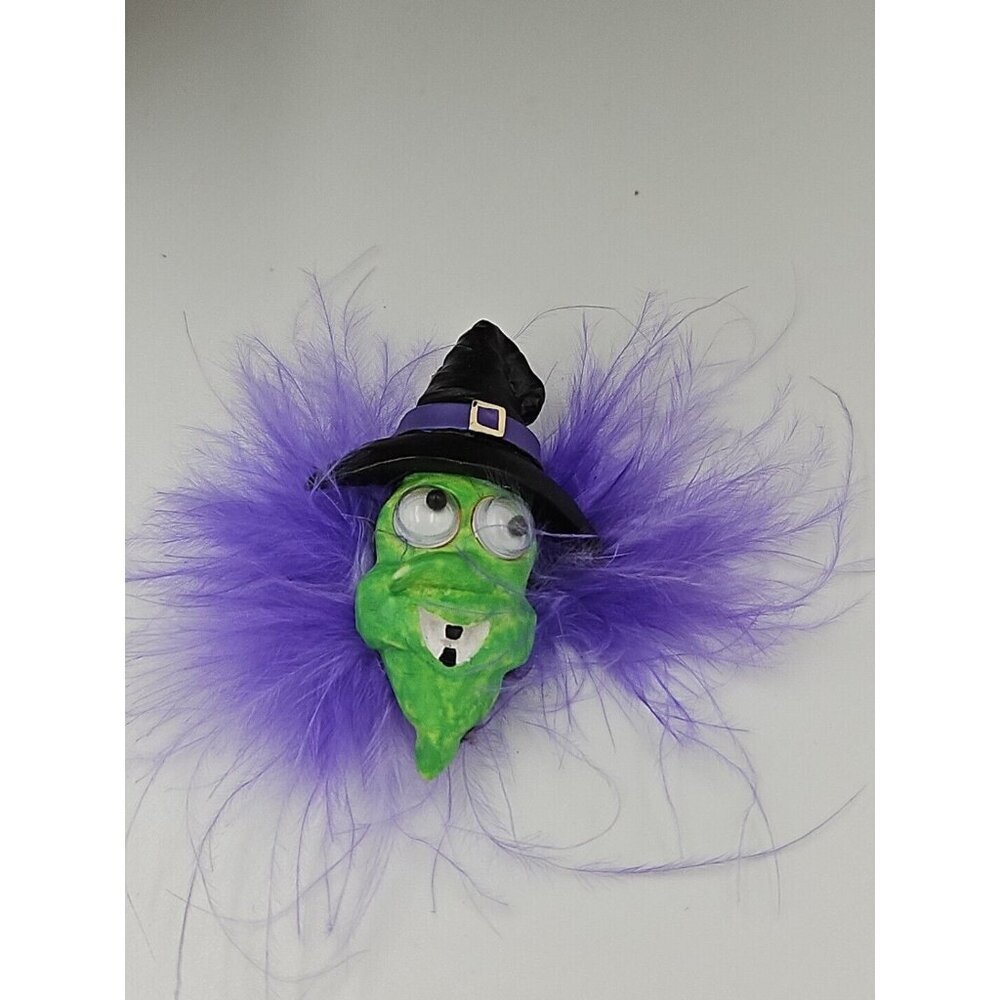 Vintage Lapelโ Pin Brooch Halloween Green Witch Purple Feather Hair Googly Eyes